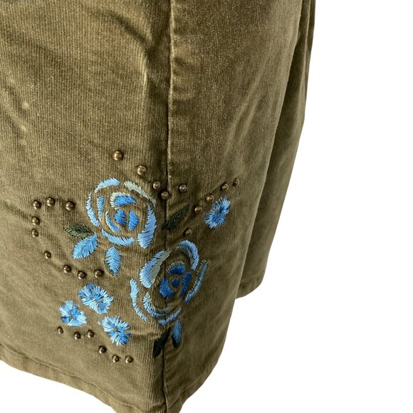 Nine & Co. Olive Corduroy Embroidered Floral A-Line Mini Skirt With Studs Y2K - Picture 3 of 14